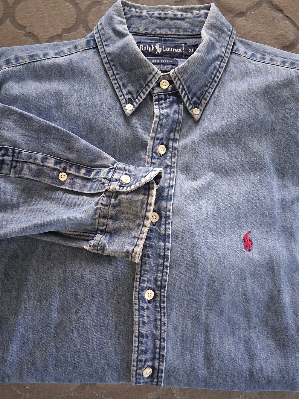 Vintage Polo Ralph Lauren Denim Button Down Shirt XL 100% Cotton Distressed